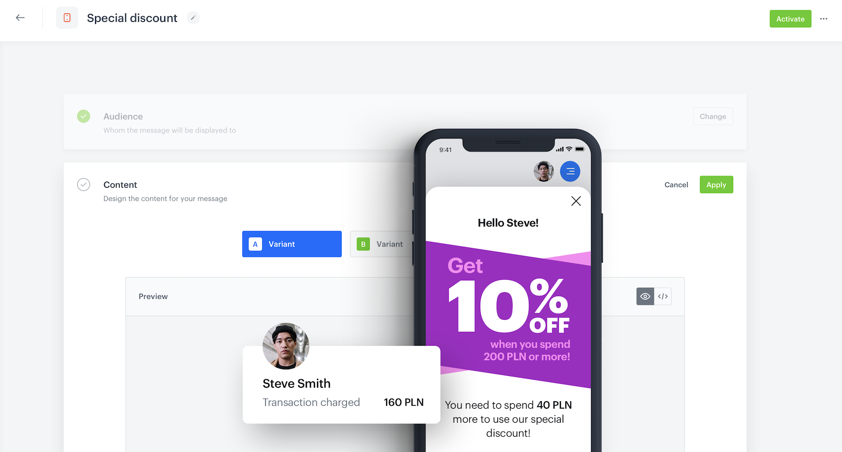 Screenshot presenting in-app with discount