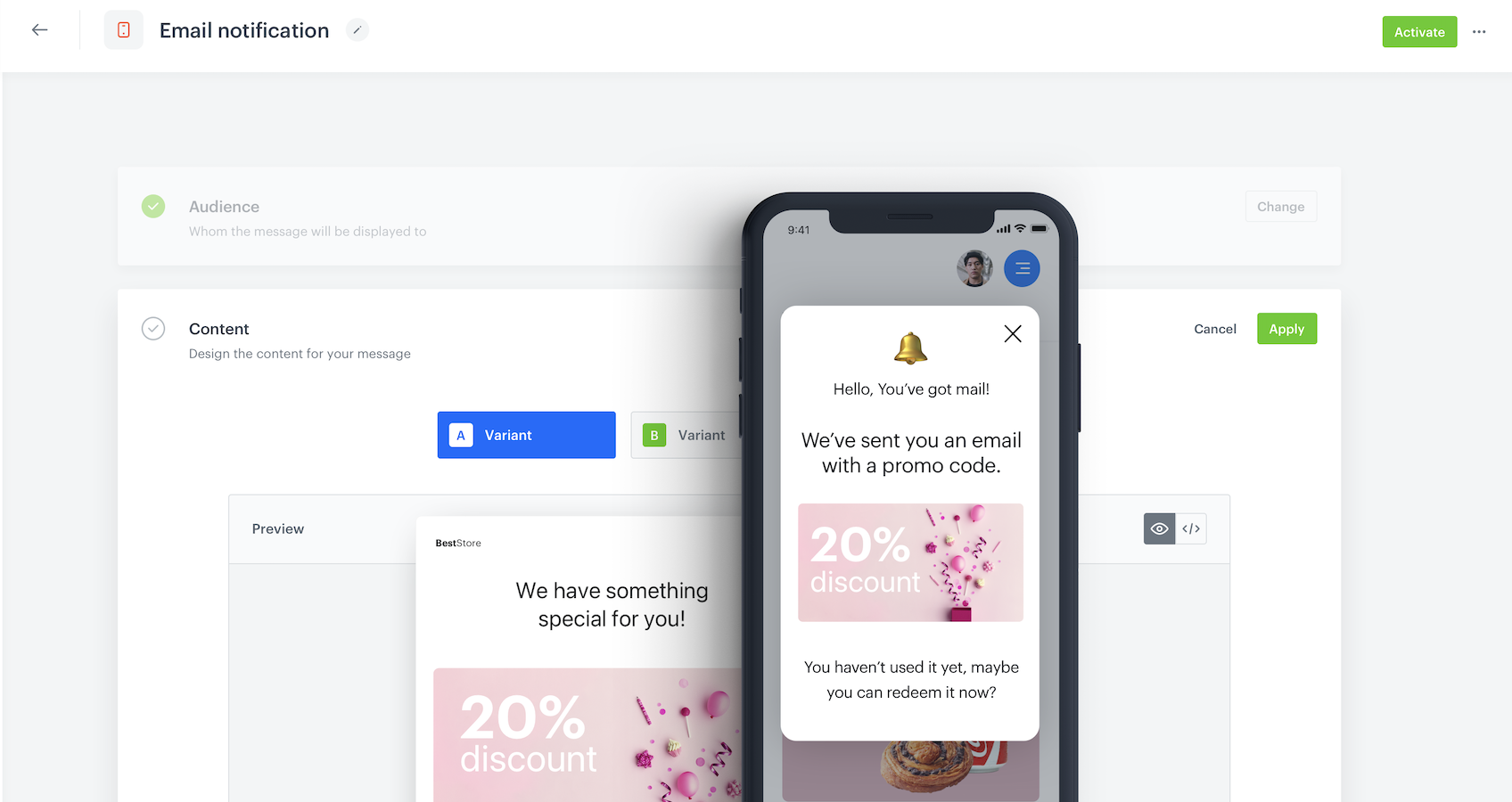 The view of an in-app message in the mobile application