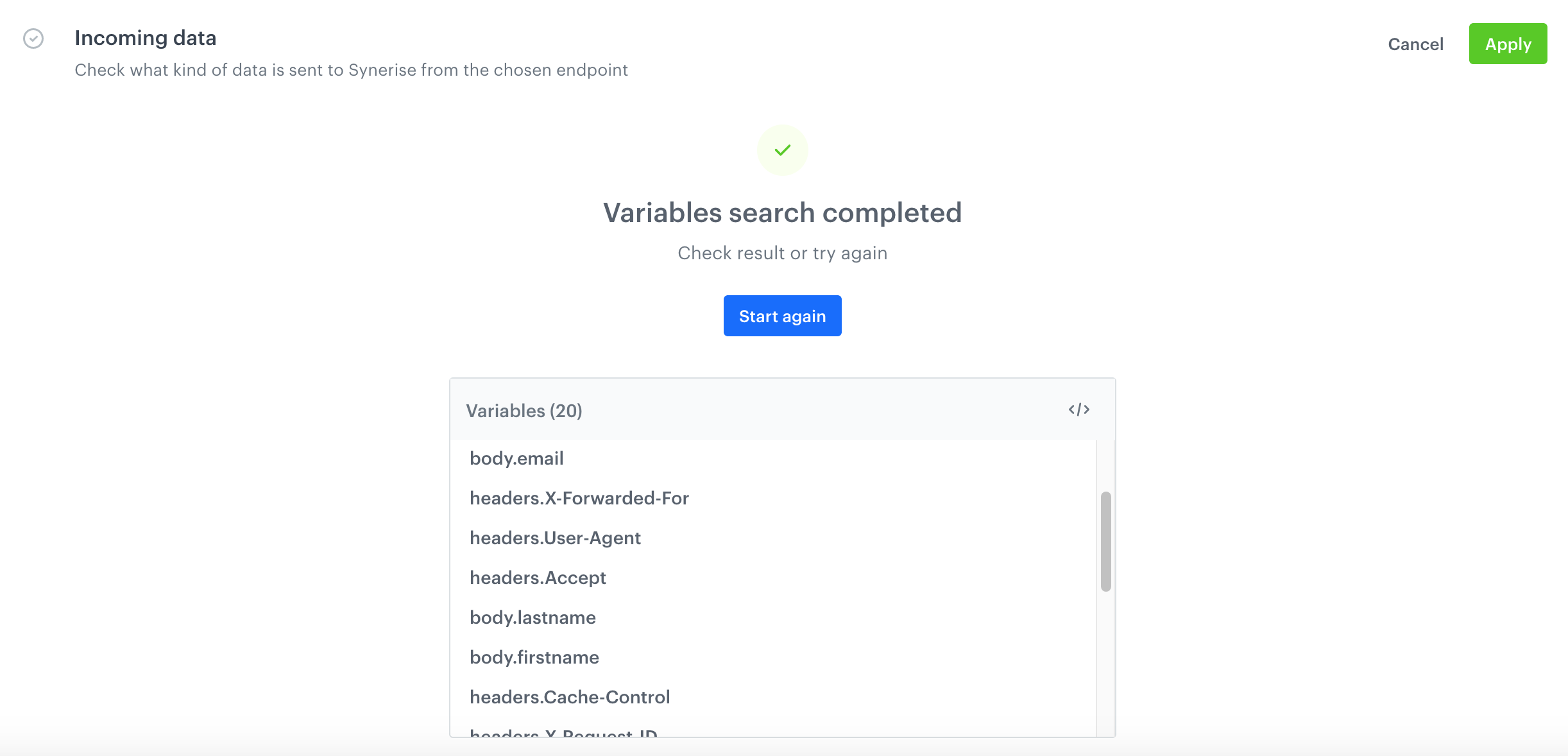 Collected variables from the request