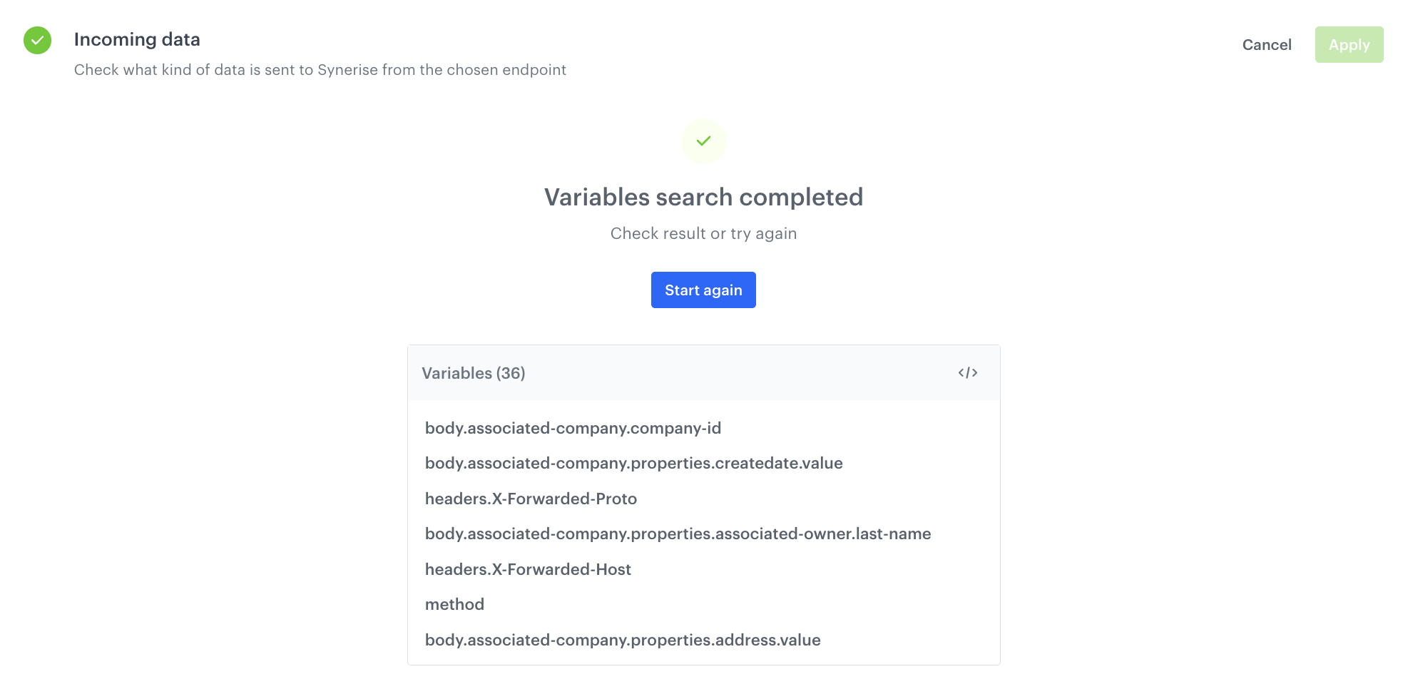 The view of collected variables from the request
