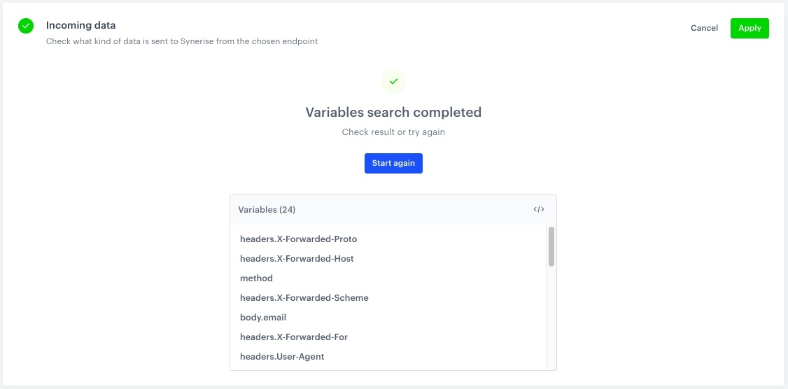 The view of collected variables from the request