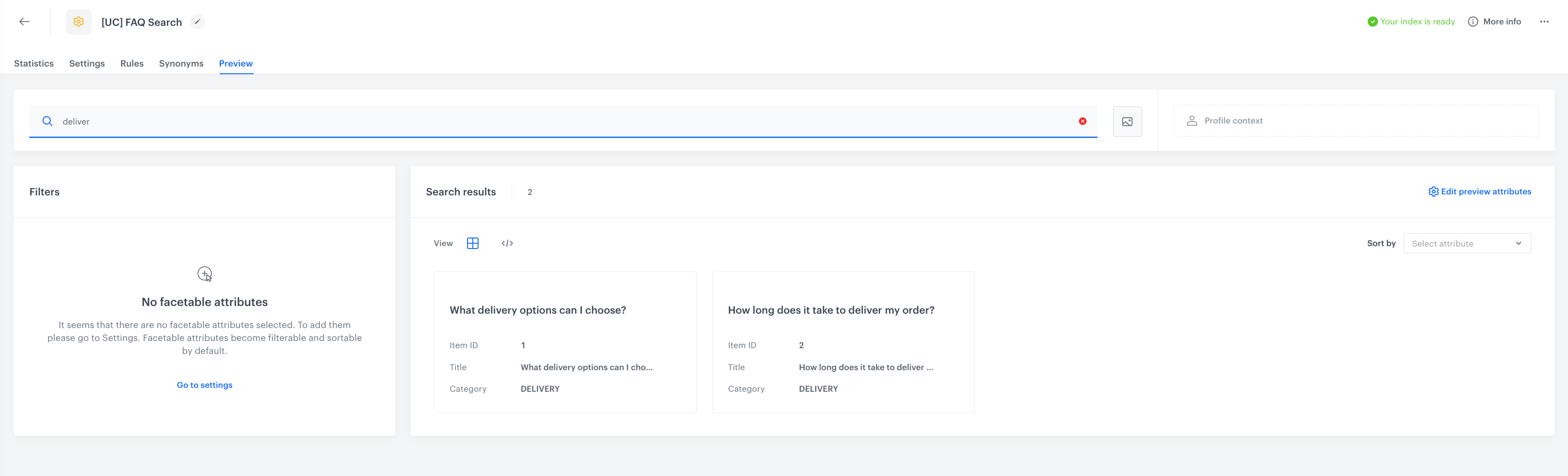 The preview of the index