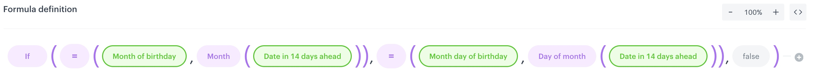The configuration of the expression that returns information whether customer has birthday in 14 days