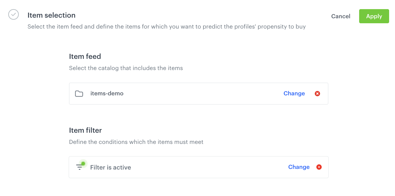 The final configuration of the Item selection section
