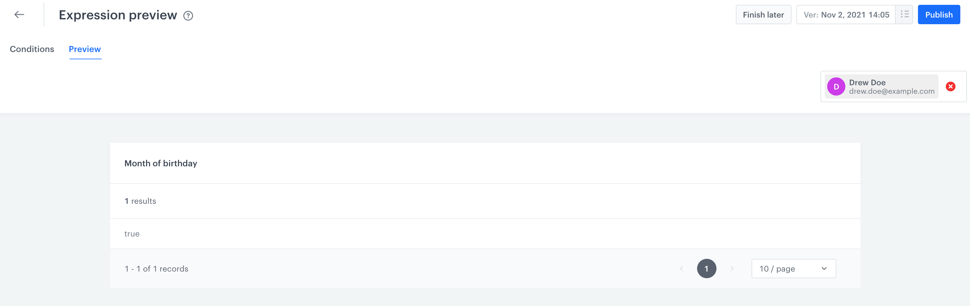 Preview of the expression: a customer has birthday in the current month