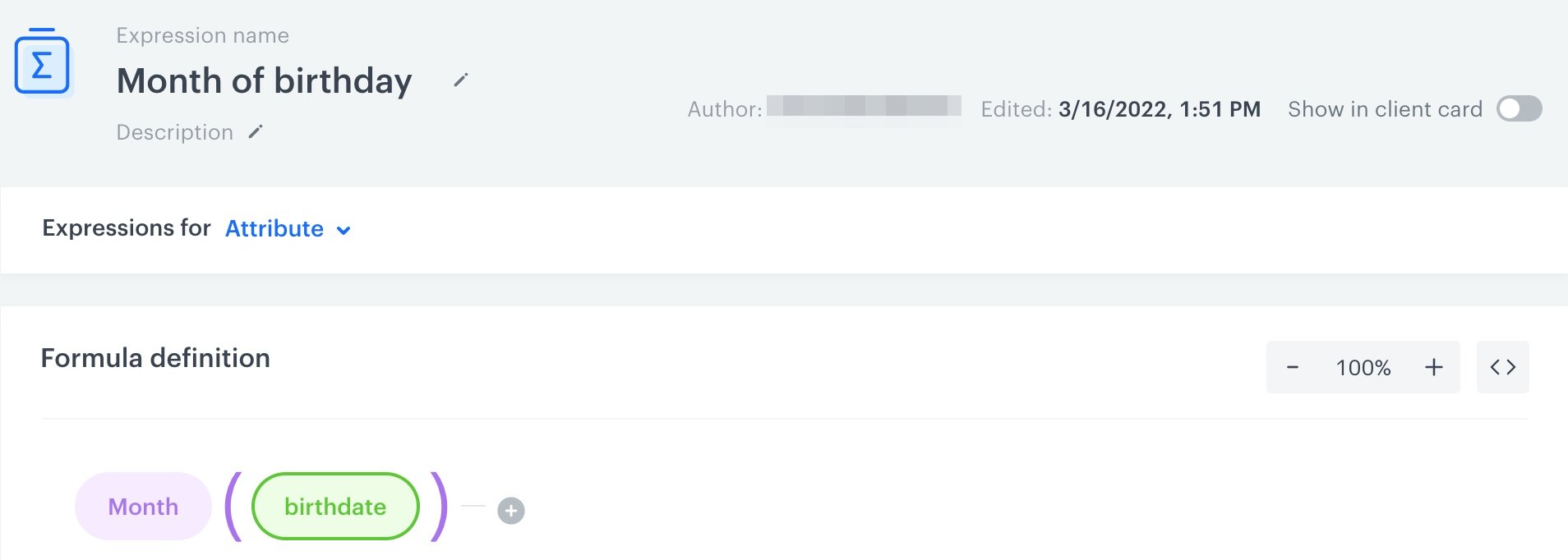 The configuration of the expression that returns the month of birthday