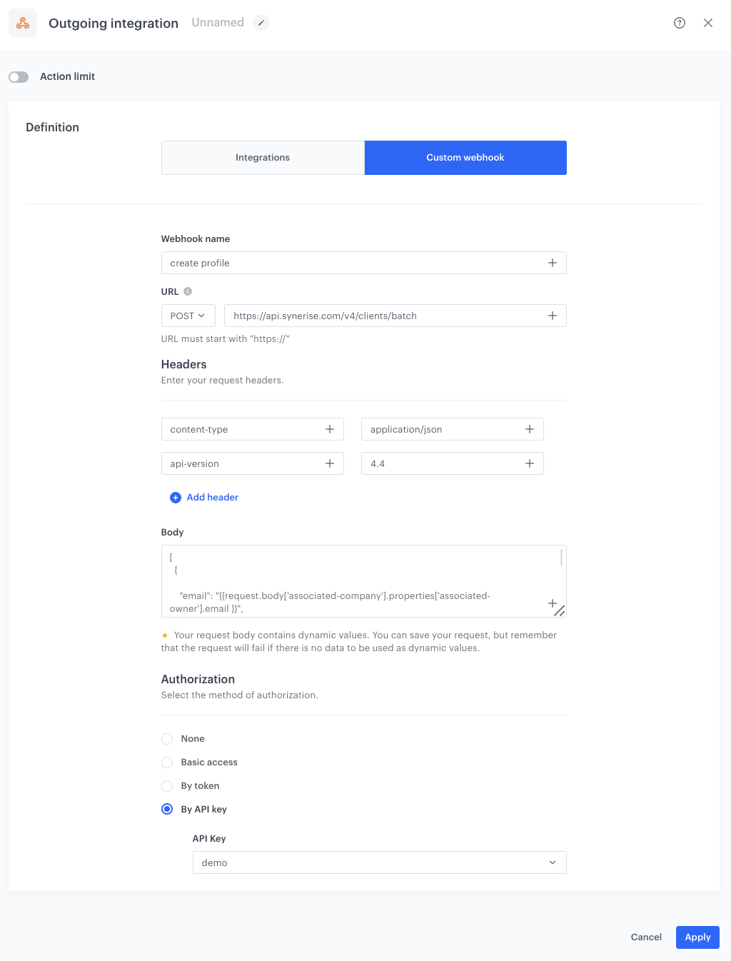 Final configuration of the Outgoing Integration node