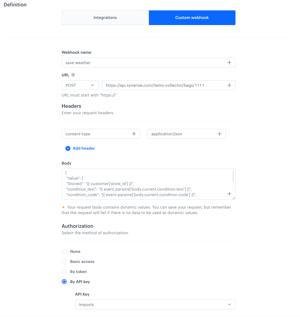 The configuration of the Outgoing Integration node