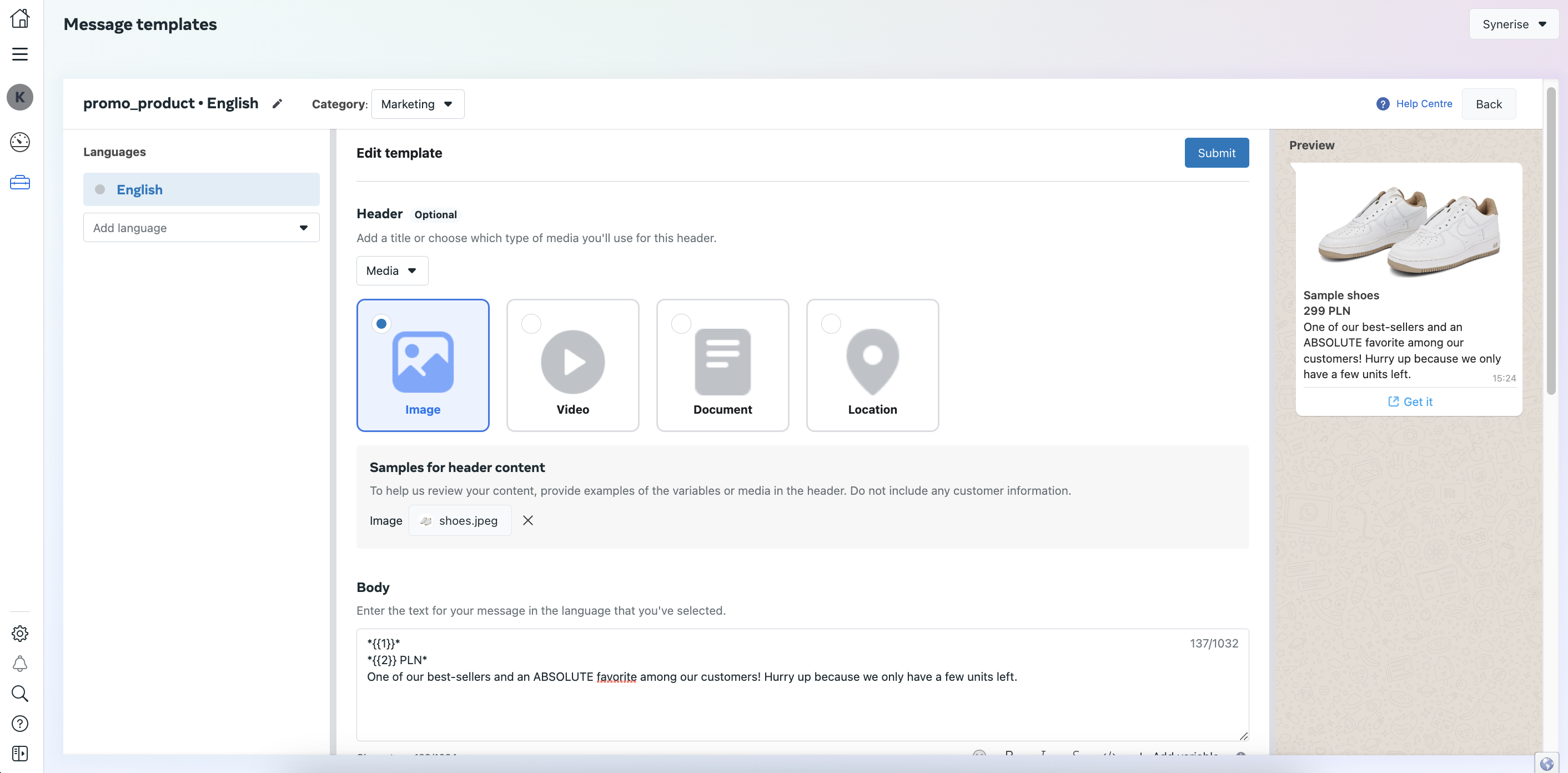 An example of body section configuration in the Meta platform