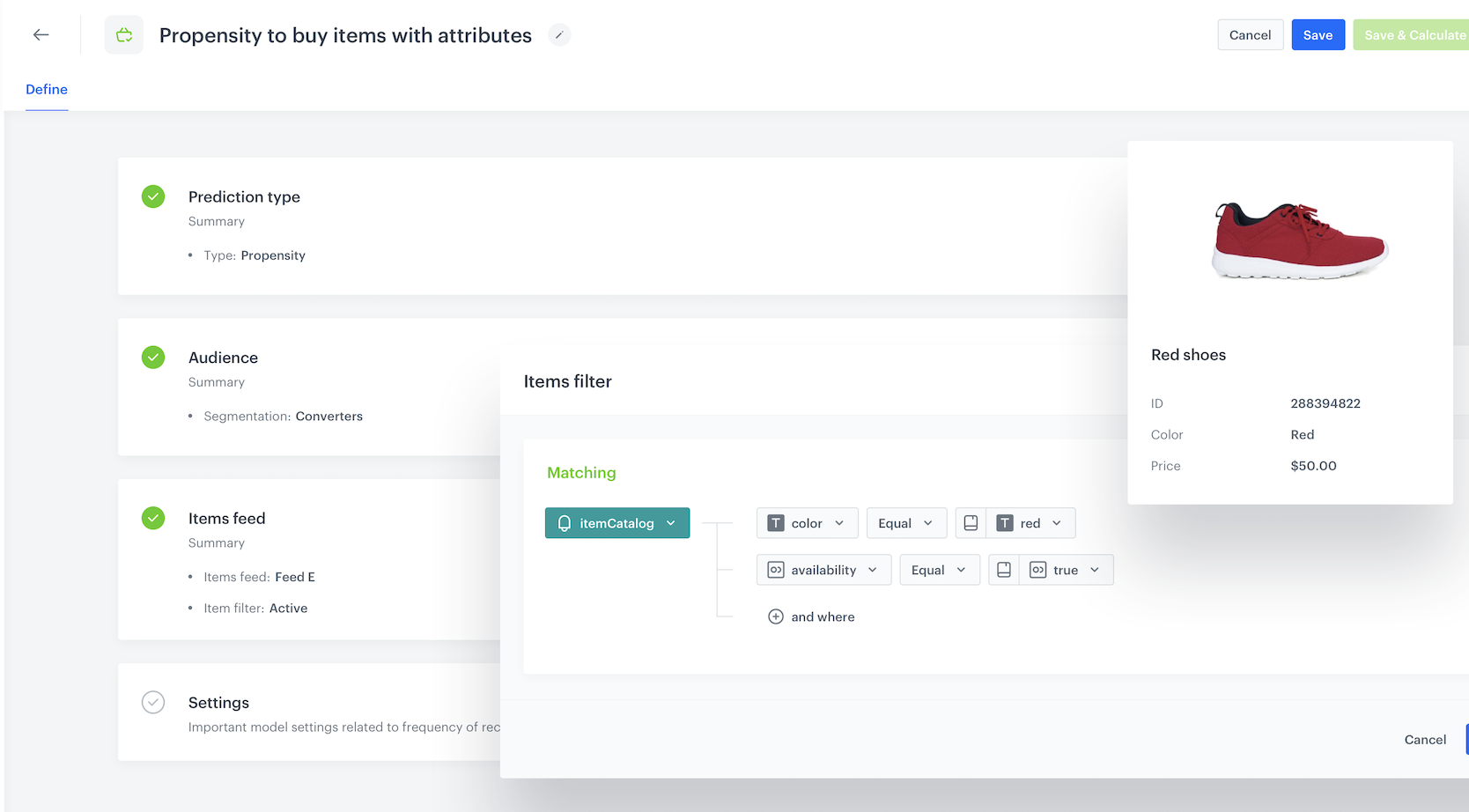 Propensity to buy items with the color attribute set to 'red'. Only available items are included in the calculation.