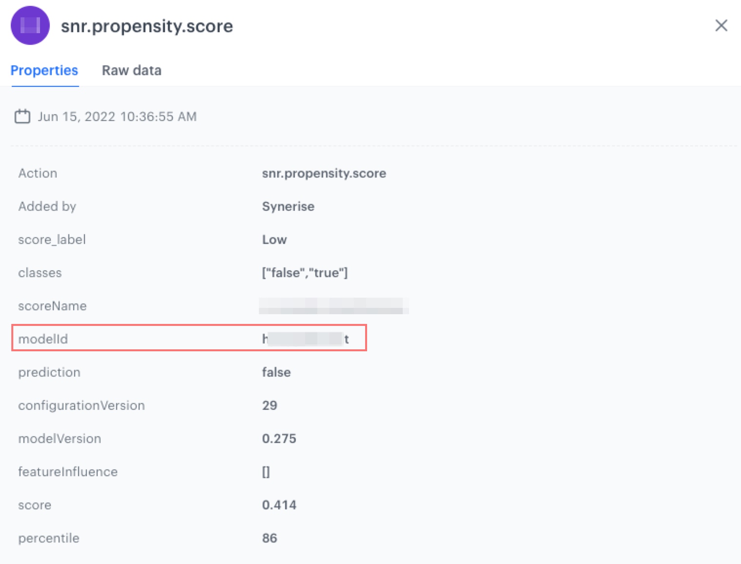 The wiev of properties of the snr.propenisty.score event