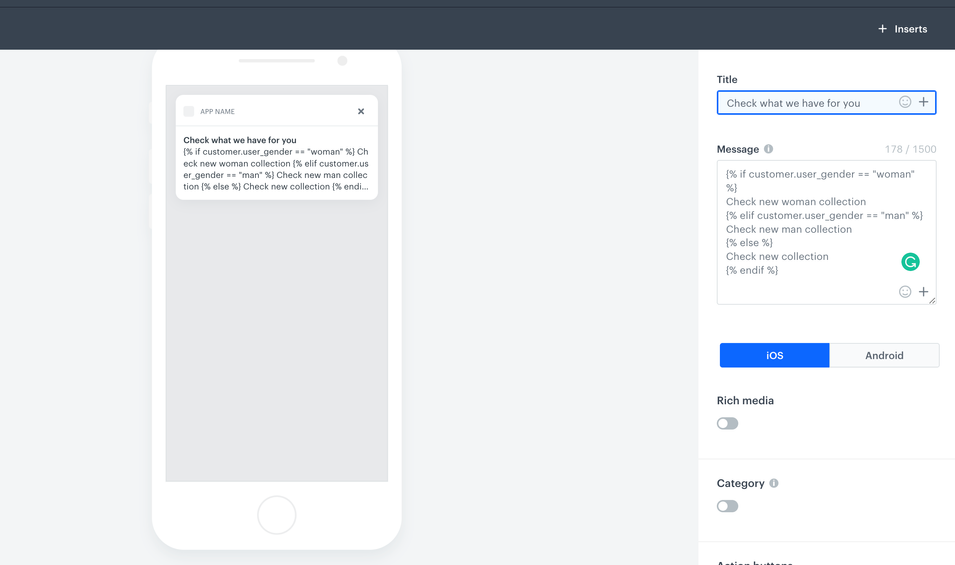 The view of the mobile push notification configuration