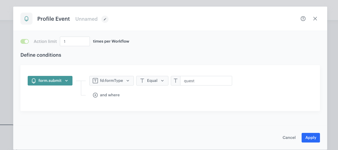 Configuration of the first Profile Event trigger node