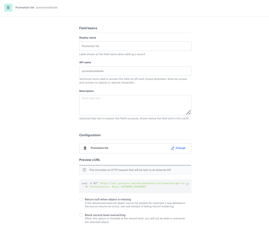 Configuration of the Promotion list external data field in the Brickworks schema