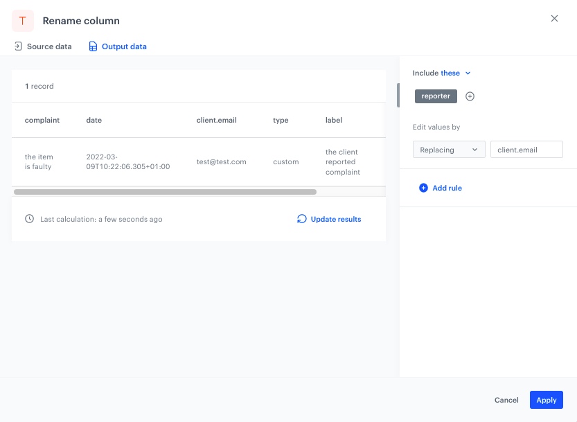 Example of the configuration of the Rename column node