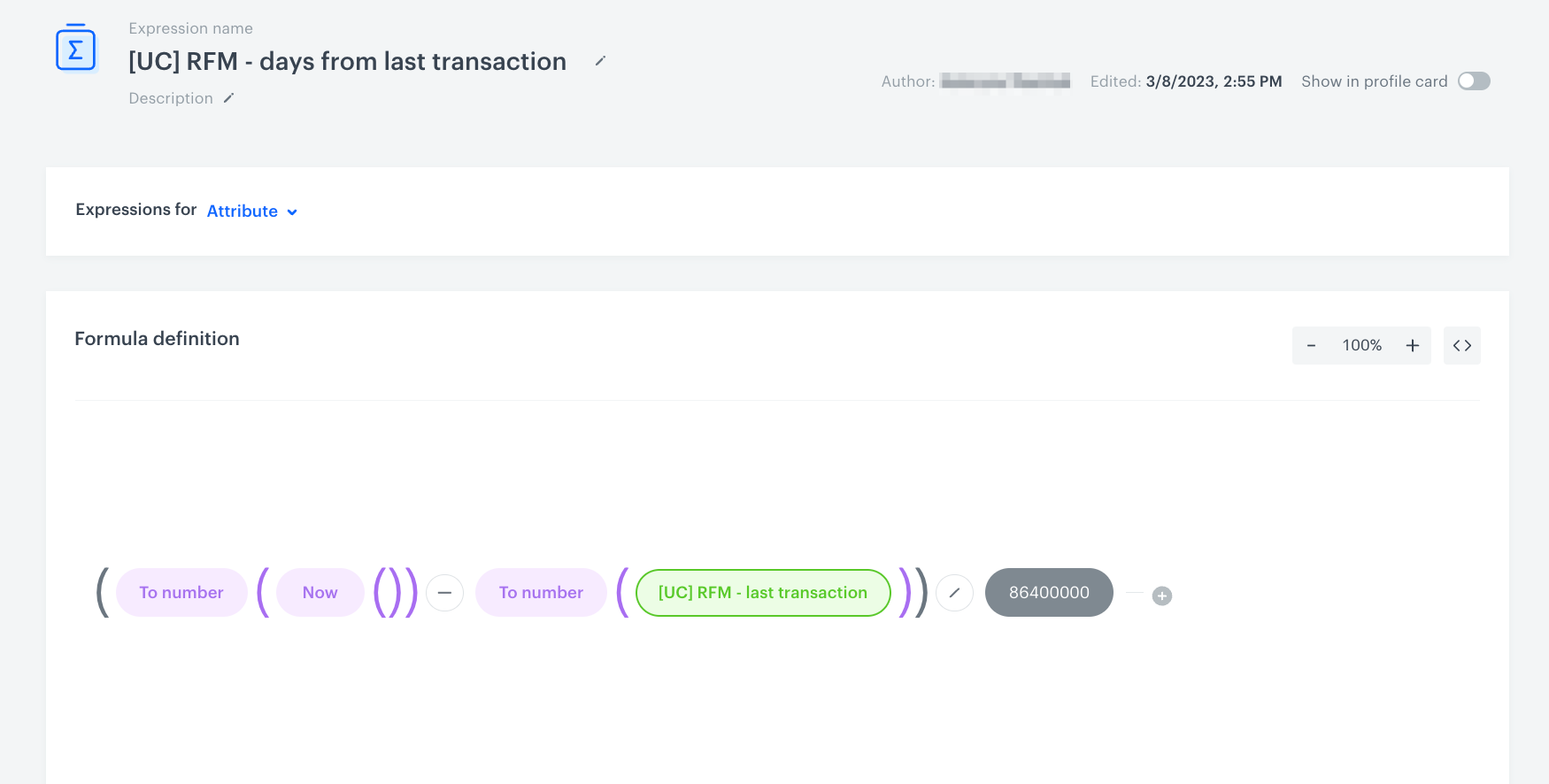 The expression formula that returns the number of days that passed since the last transaction