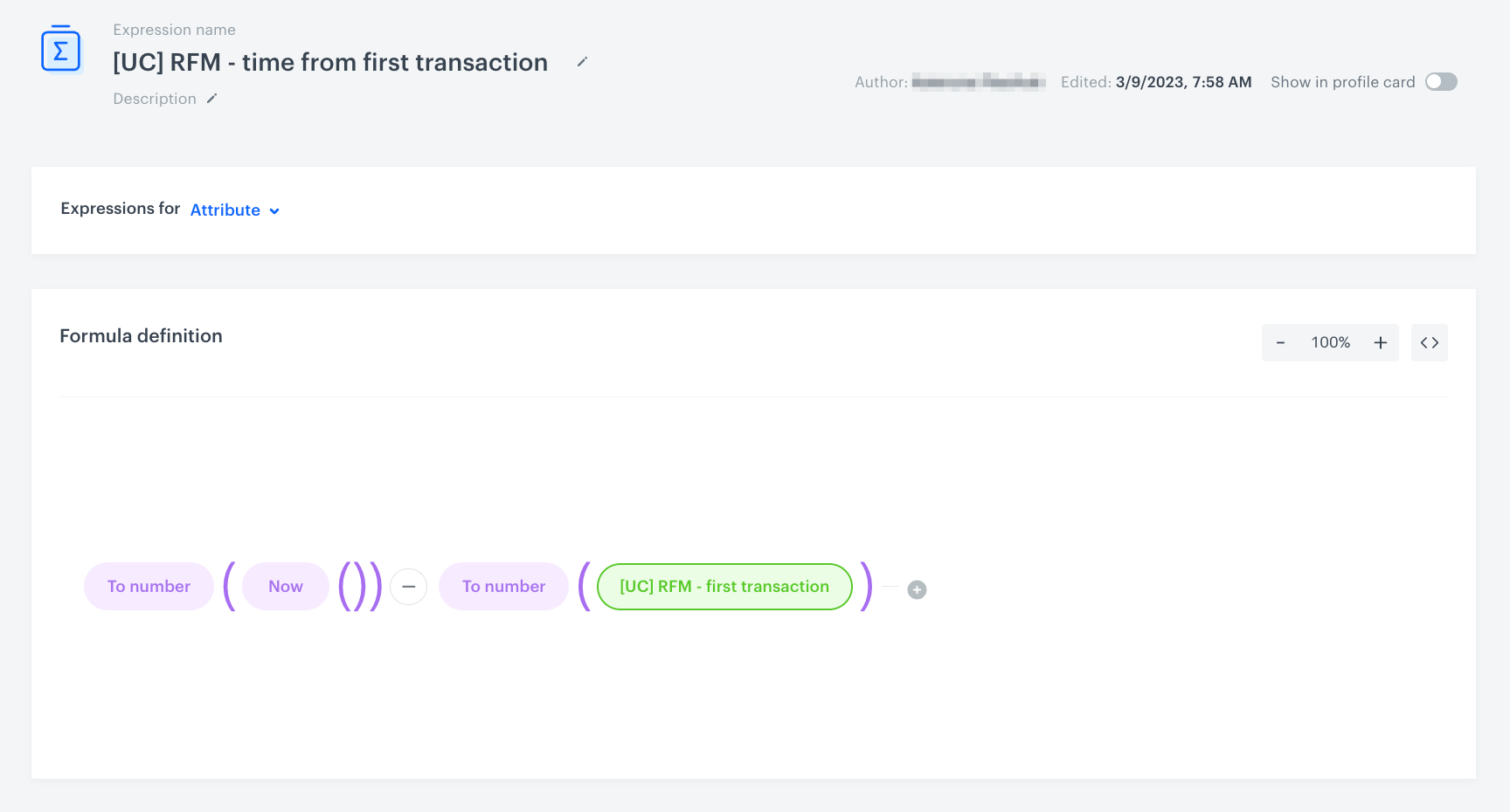 The expression formula that returns the time that passed since the first transaction