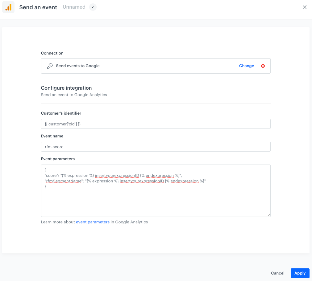 The configuration of the Send Event node
