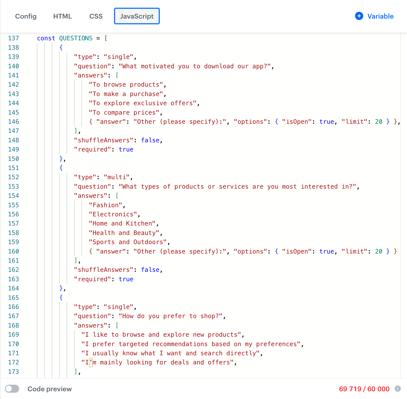 Javascript object with questions and answers