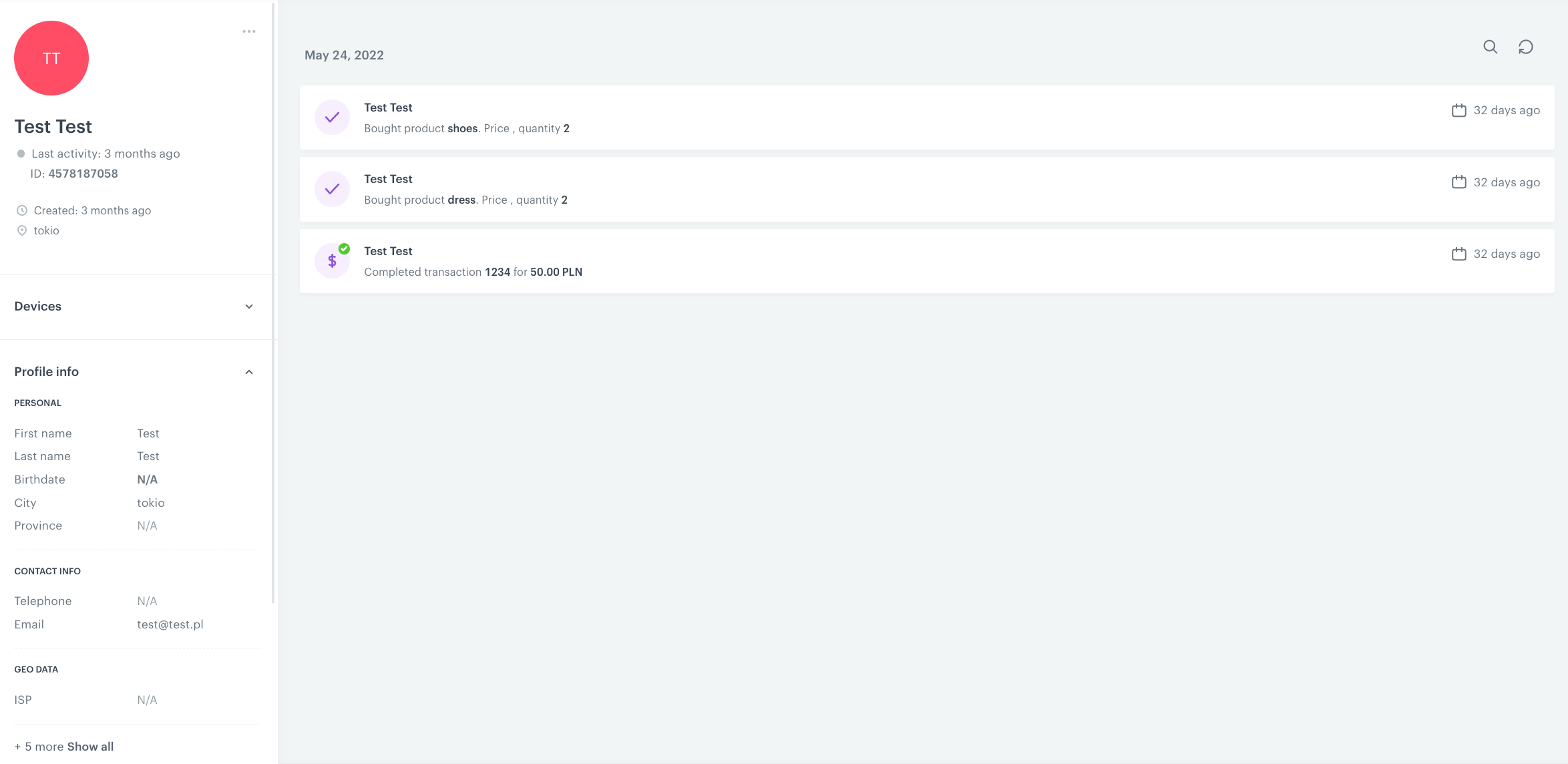 The transaction event visible in the customer's profile