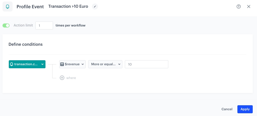 The view of the Profile Event node configuration