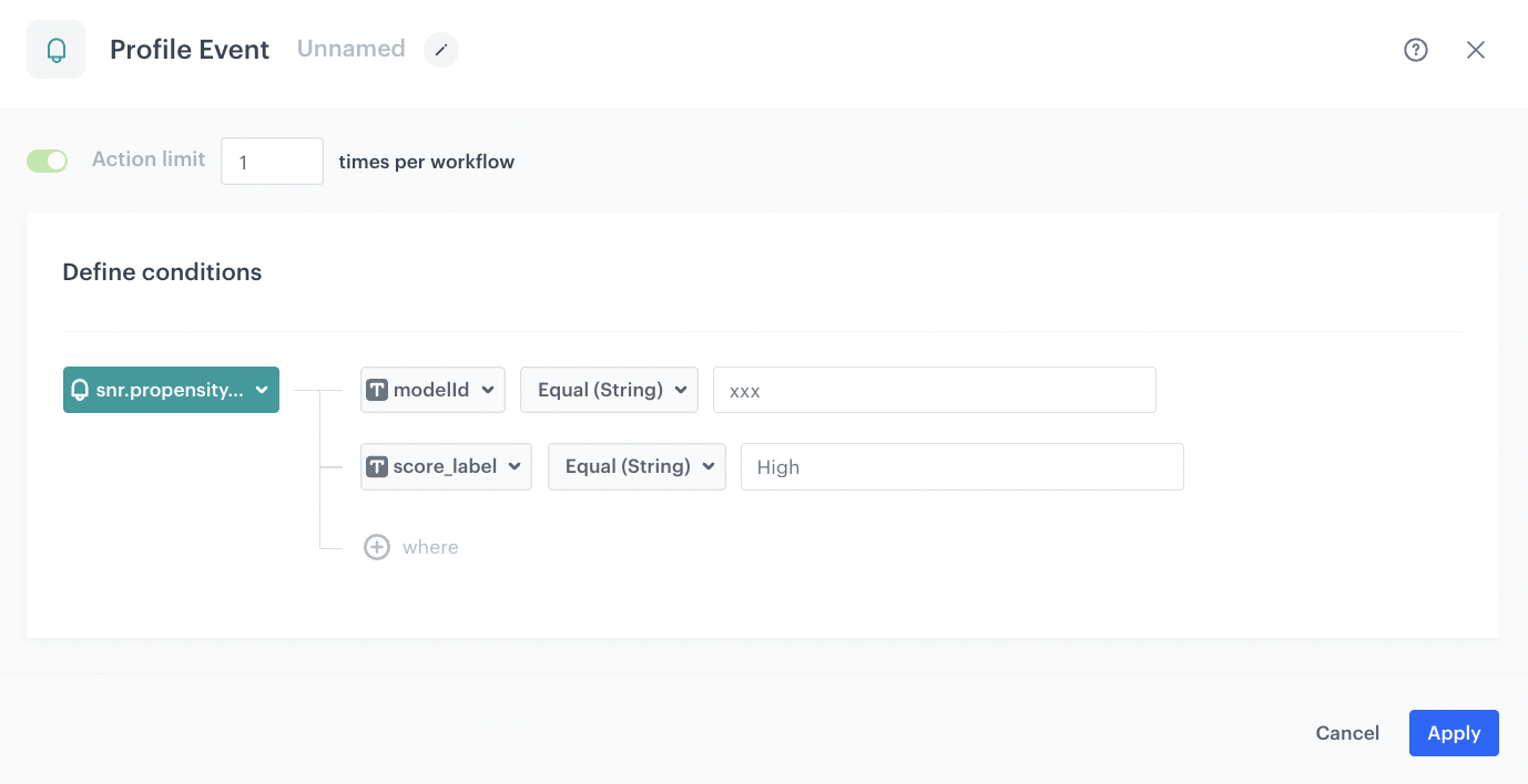 The screenshot presents Profile Event node configuration