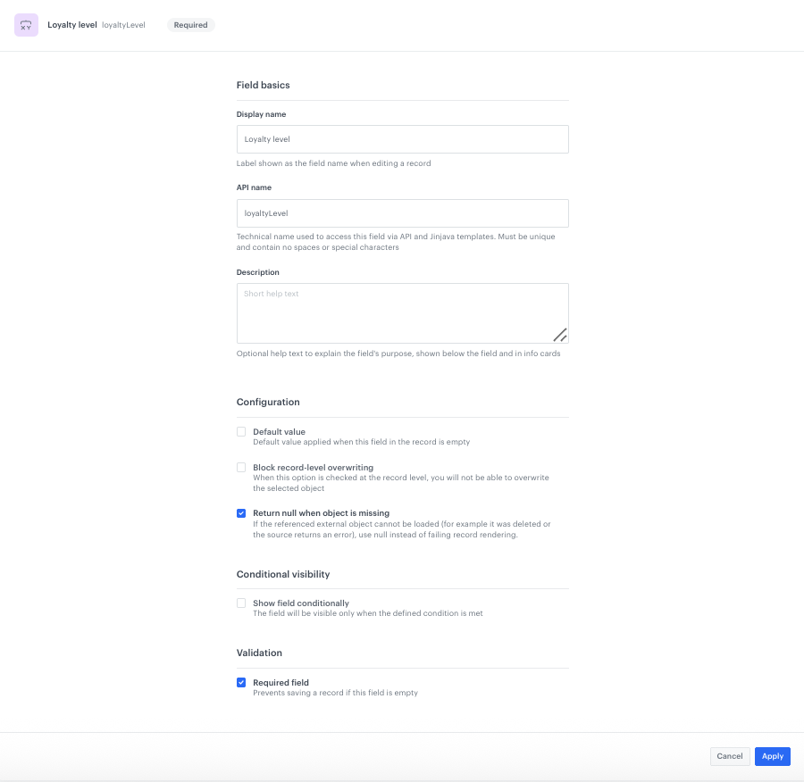 Configuration of the Loyalty level field in the Brickworks schema