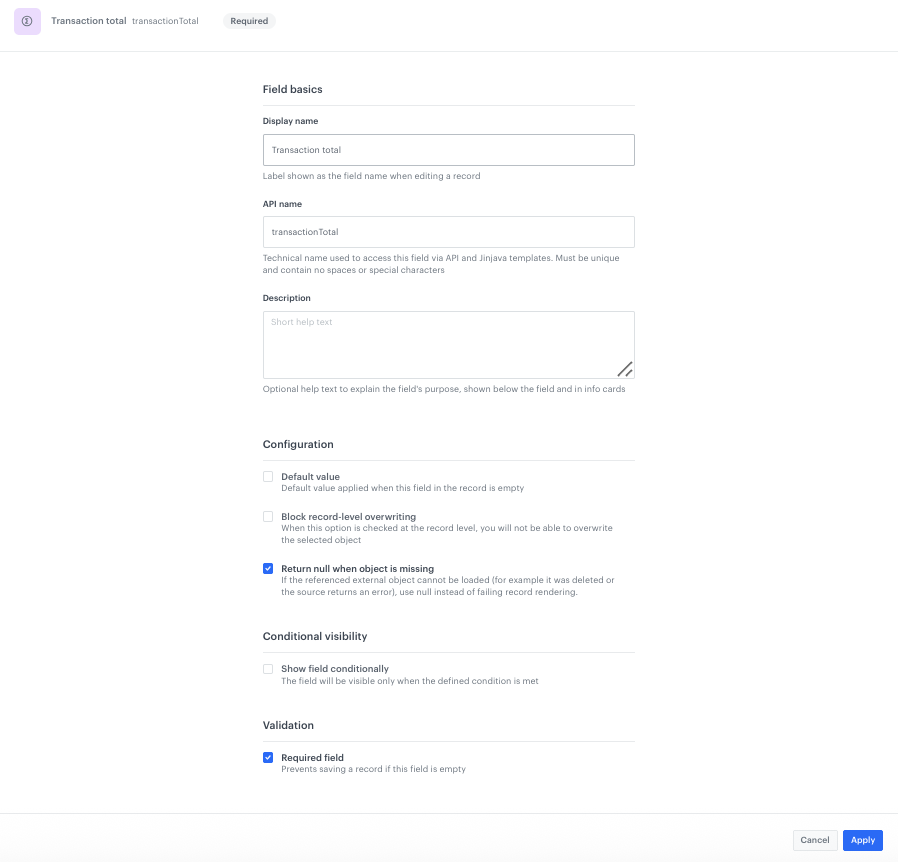 Configuration of the Transaction total field in the Brickworks schema