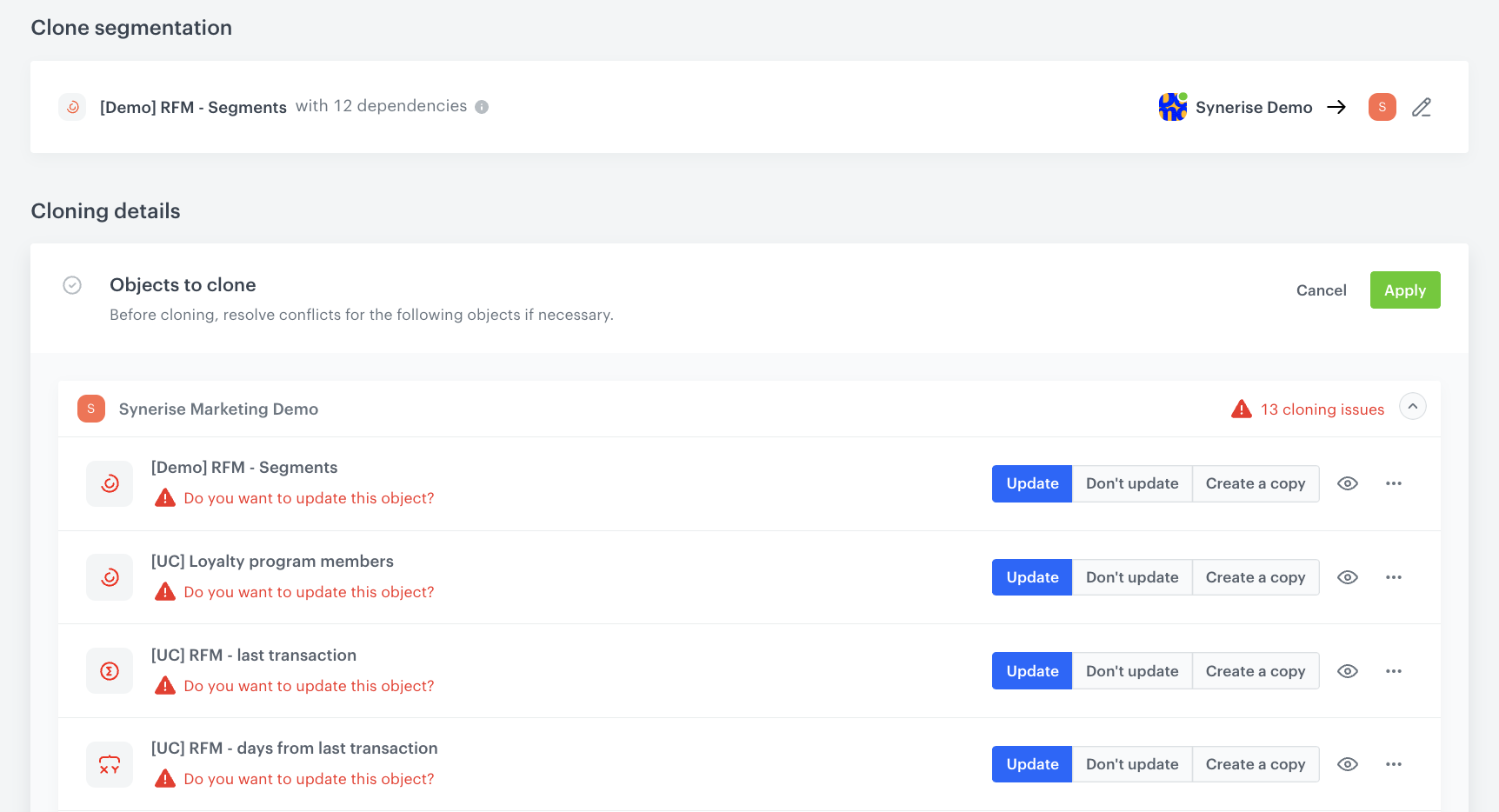 Updated cloned objects
