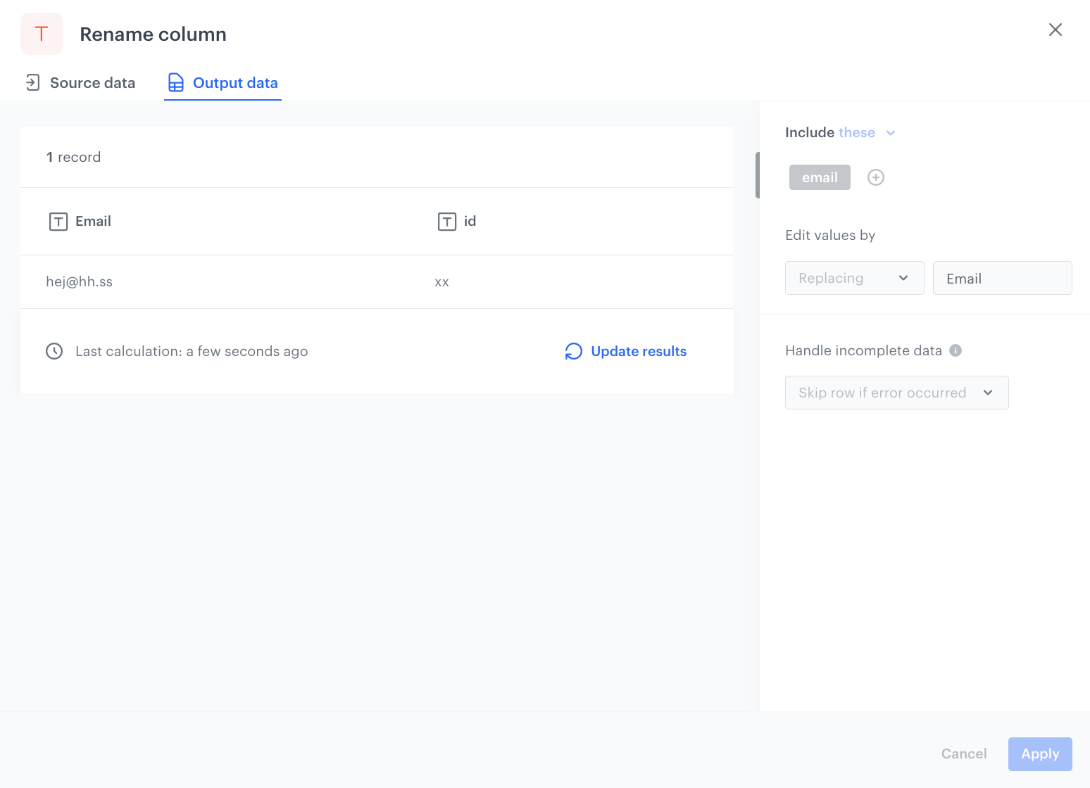 Example of the configuration of the Rename column node