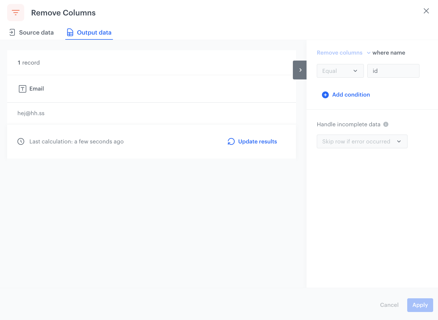 Example of the configuration of the Rename column node