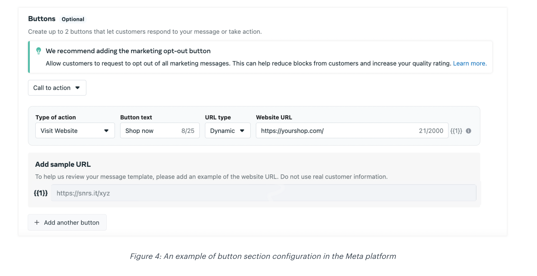 The view of the message template configuration in the Meta platform