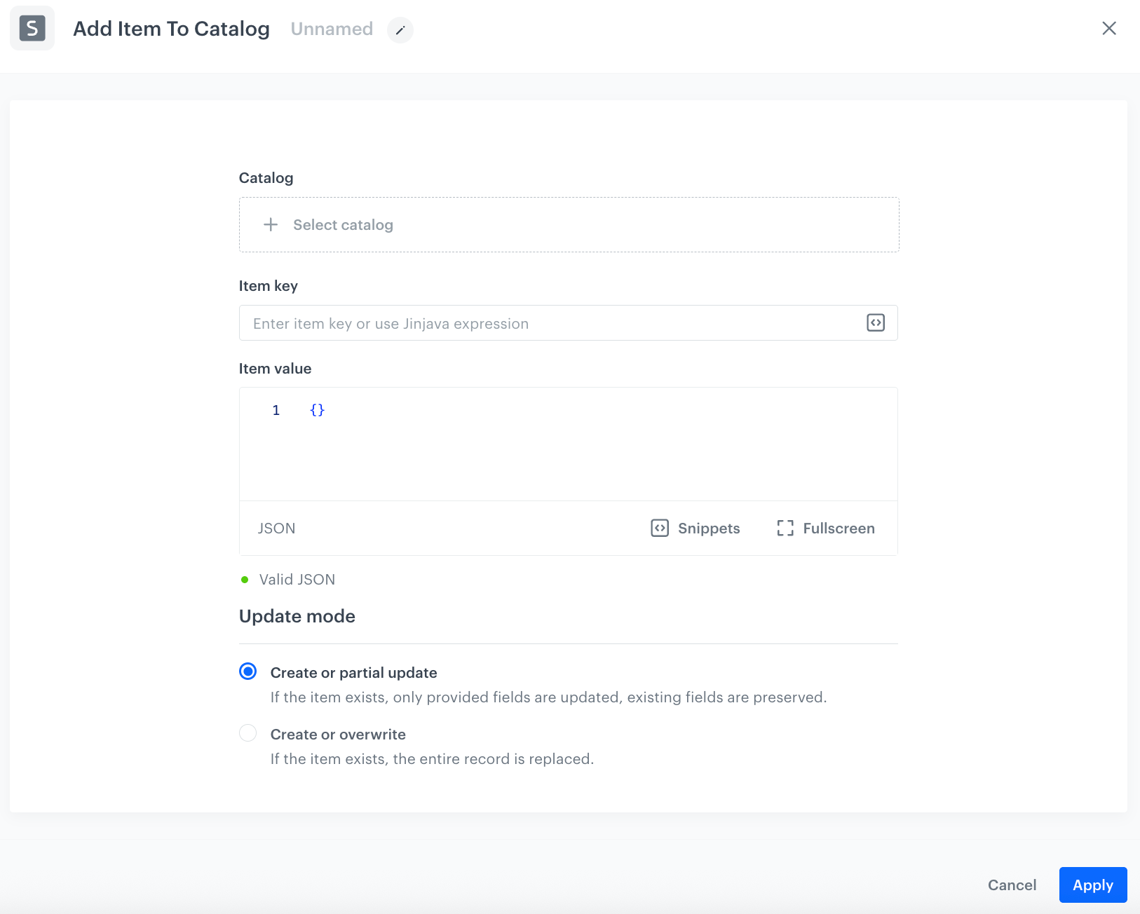 A blank Add Item To Catalog node configuration