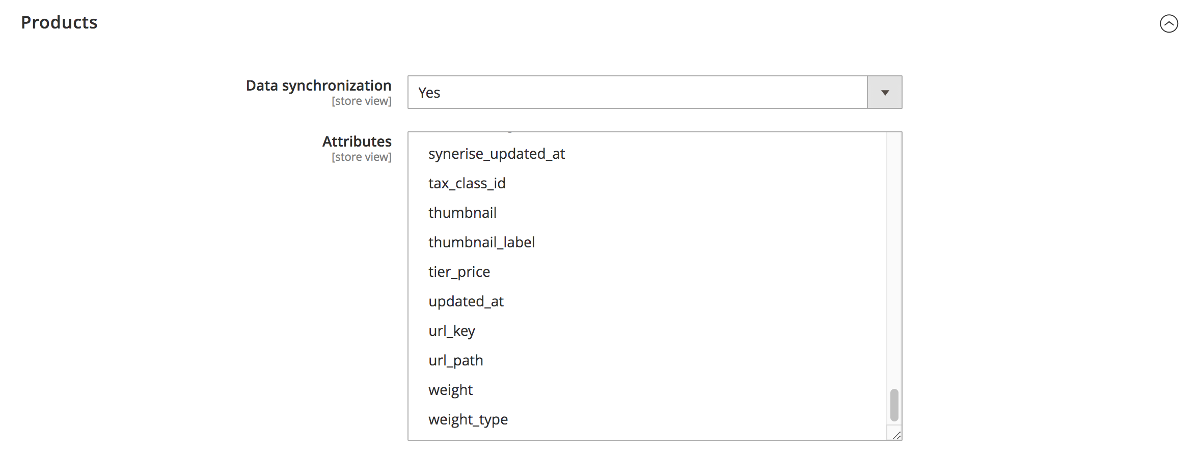 Magento Synerise plugin Products synchronization section for selecting item attributes