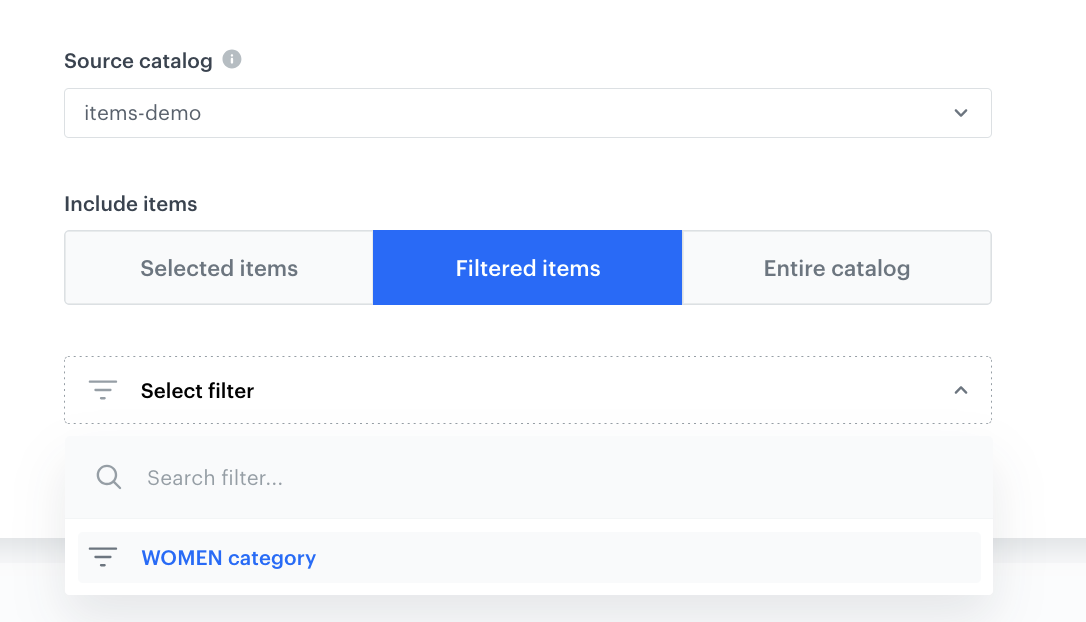 AI Hub promotion Items section showing filtered items from the women category