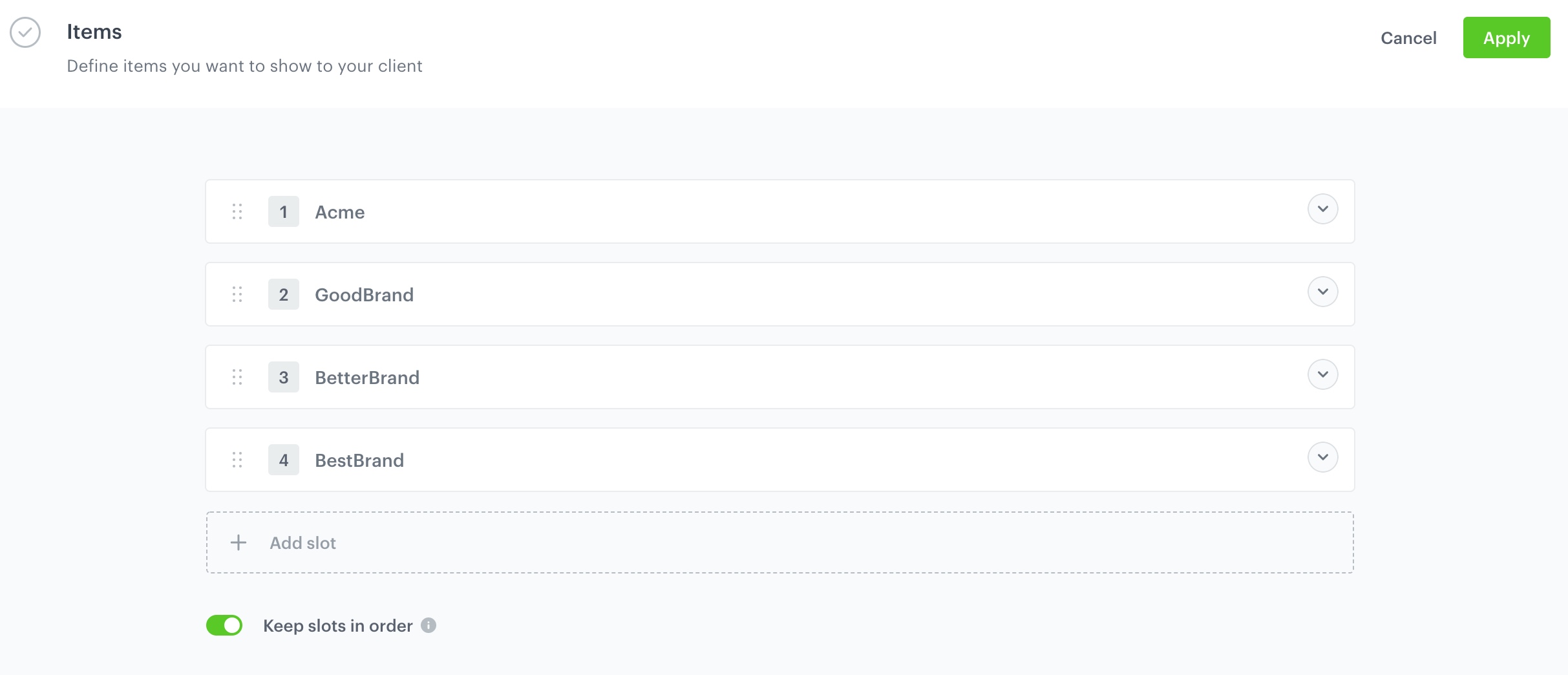 Configuraion of the items section