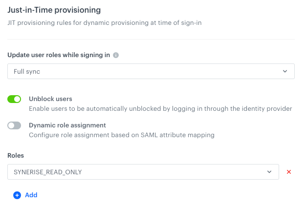 Synerise SSO Just-in-Time provisioning default role assignment settings