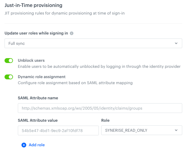Synerise SSO Just-in-Time provisioning dynamic role assignment settings