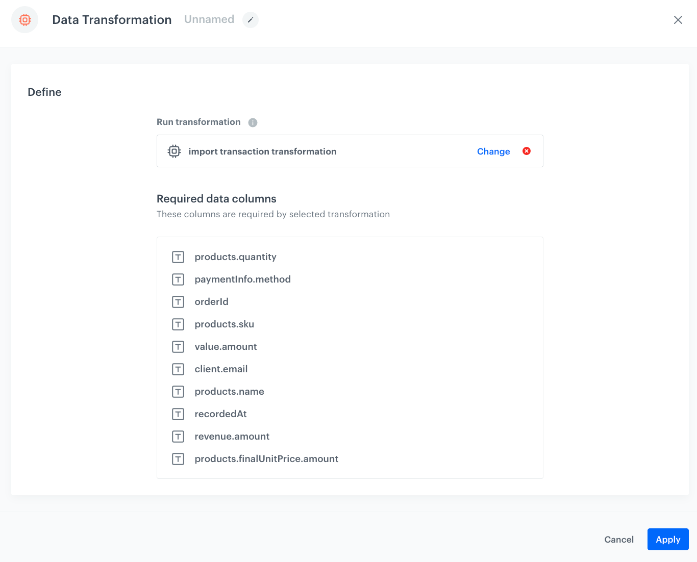 The configuration of the Data Transformation node