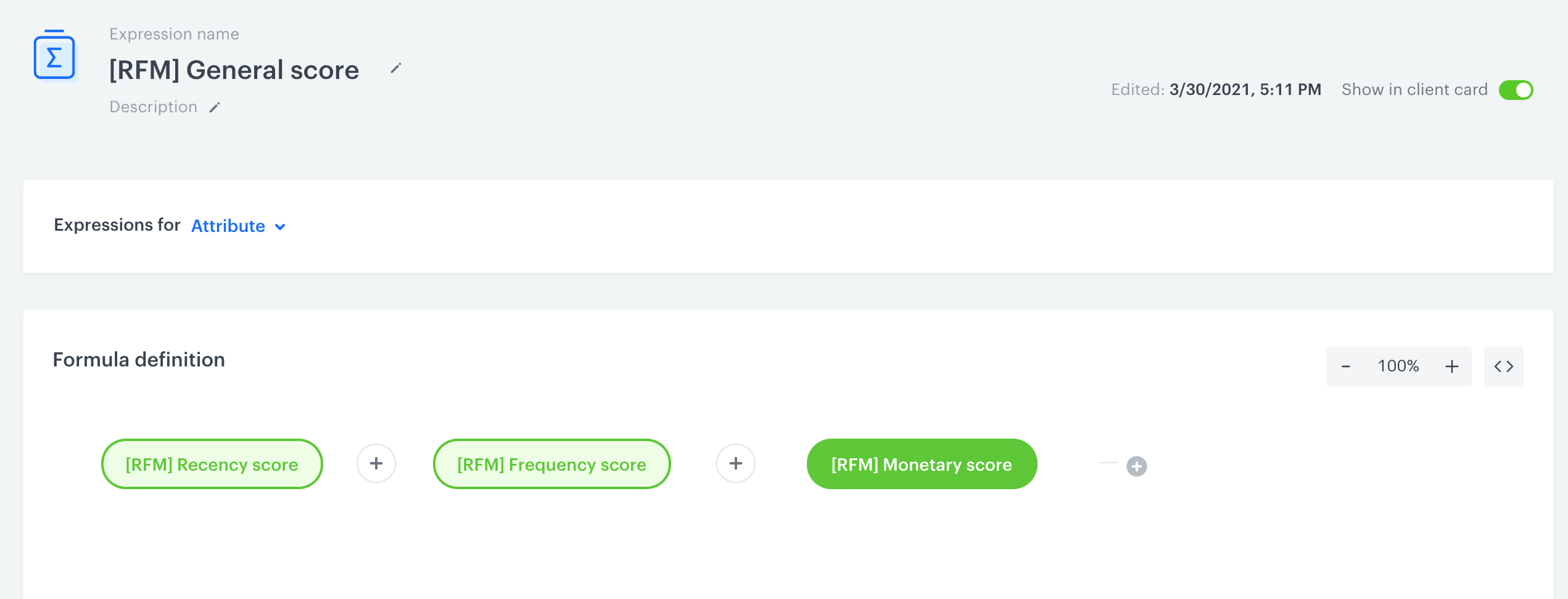 Behavioral Data Hub expression formula calculating RFM score by summing Recency, Frequency, and Monetary segmentation values
