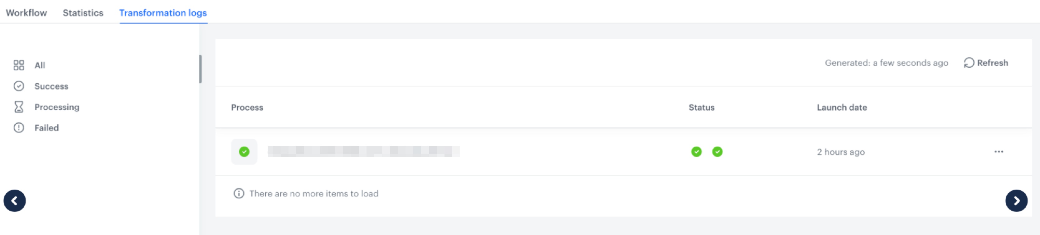 Automation Hub Transformation logs tab showing workflow execution history