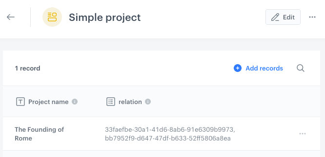 Screenshot of a project record relation that has no human-readable label