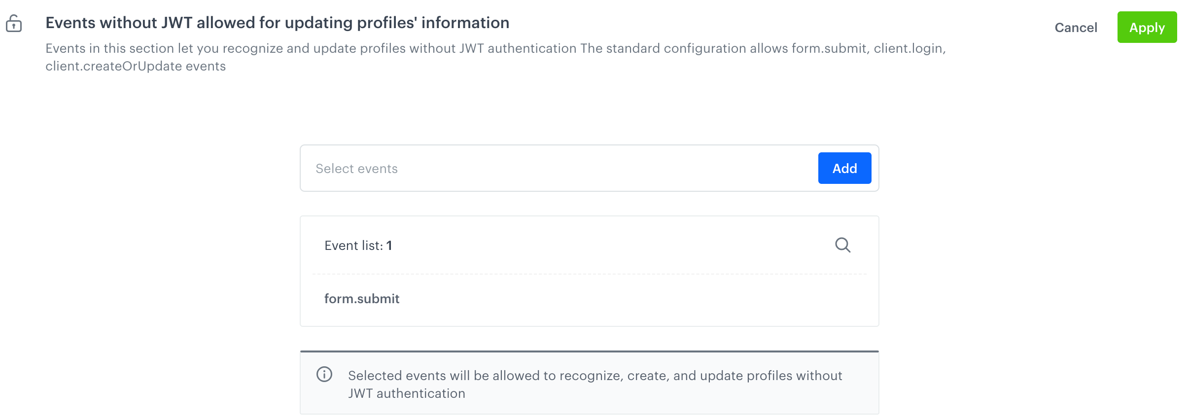 Events without JWT section in Data Modeling Hub showing the form.submit event configured to allow profile updates without JWT authorization
