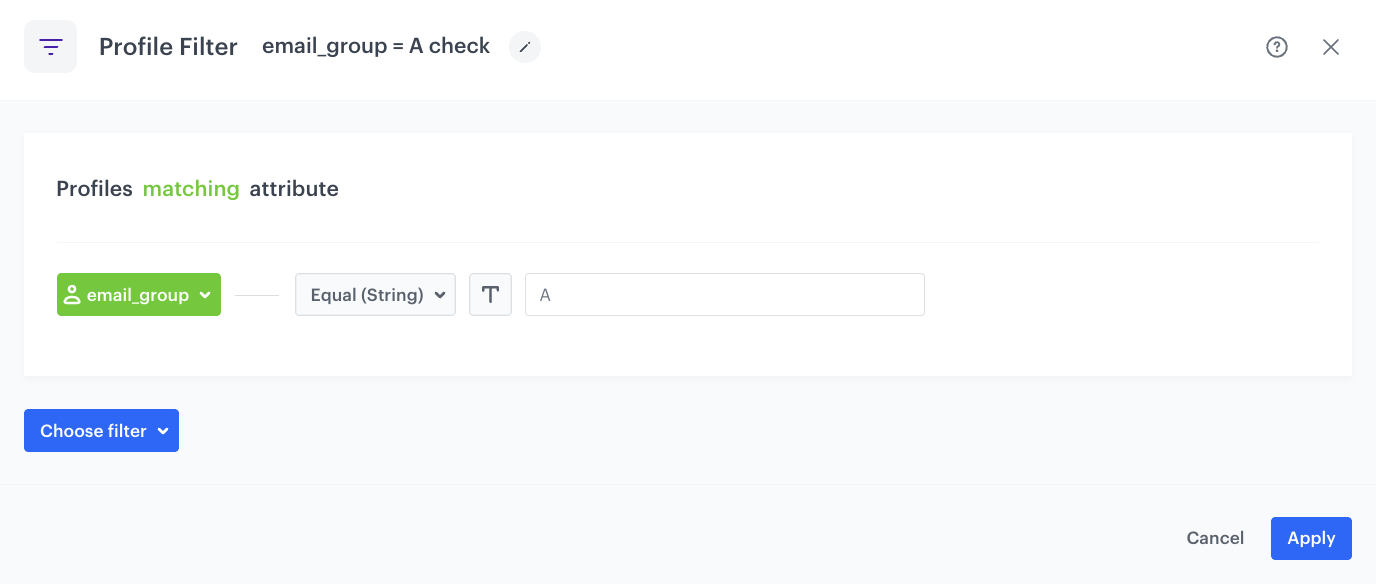 Automation Hub Profile Filter node checking if customer is assigned to email group A