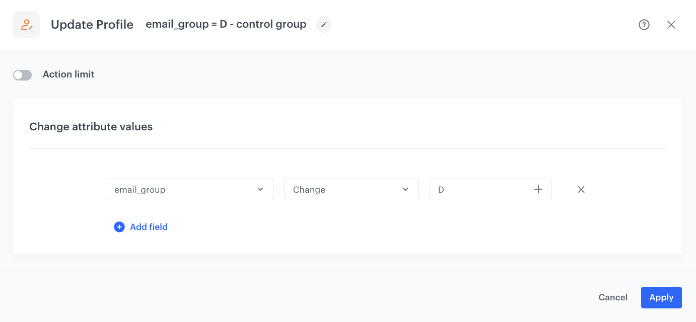 Automation Hub Update Profile node assigning email group D to control group customers