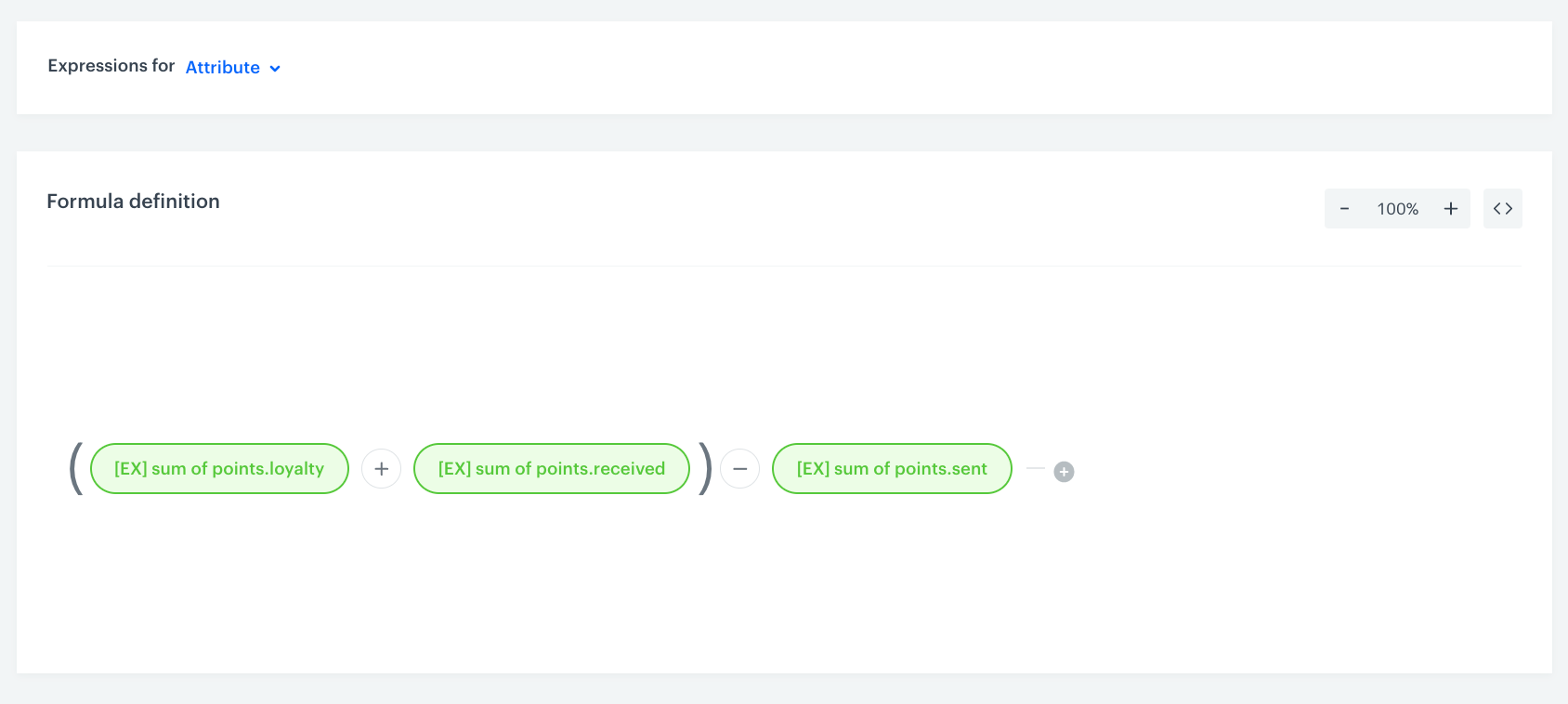 Behavioral Data Hub expression formula combining points.loyalty, points.received, and points.sent aggregates for point transfer calculation