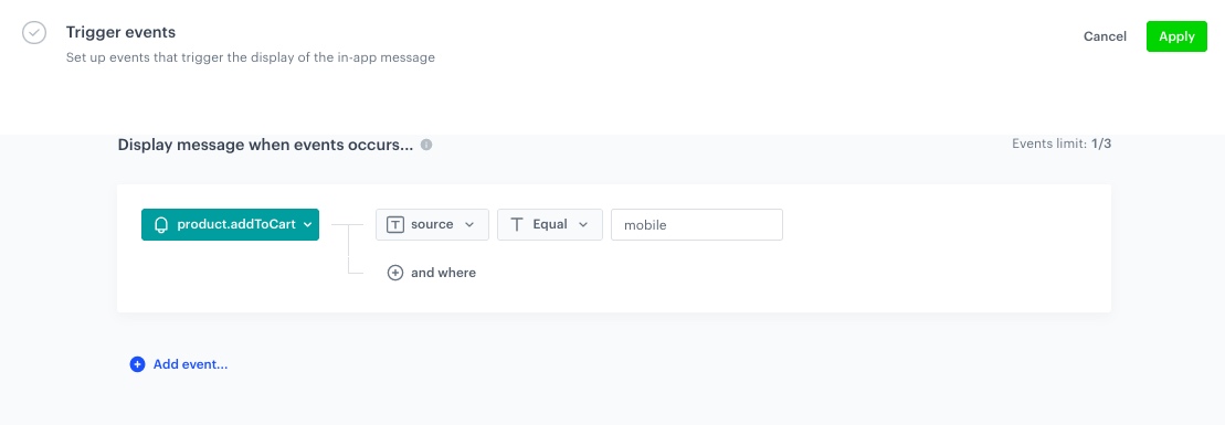 In-app message trigger configured with product.addToCart event filtered by mobile source