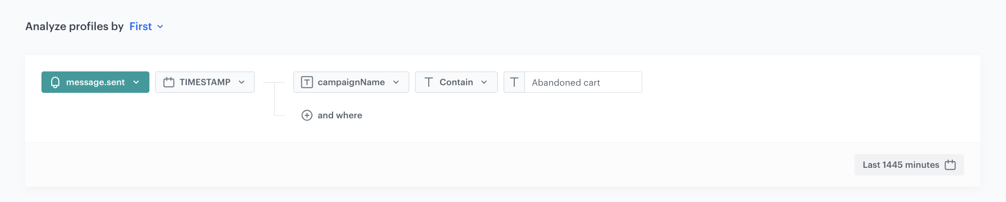 Decision Hub First aggregate returning the TIMESTAMP of the first message.send event matching the abandoned cart campaign name in the last 1455 minutes