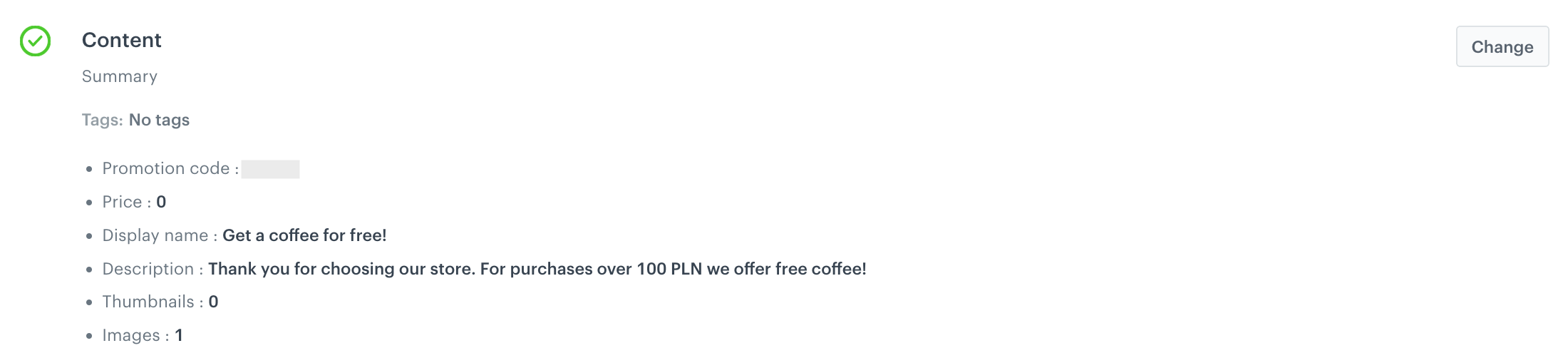 AI Hub promotion Content section with name, description, image, and zero price for a basket value triggered promotion