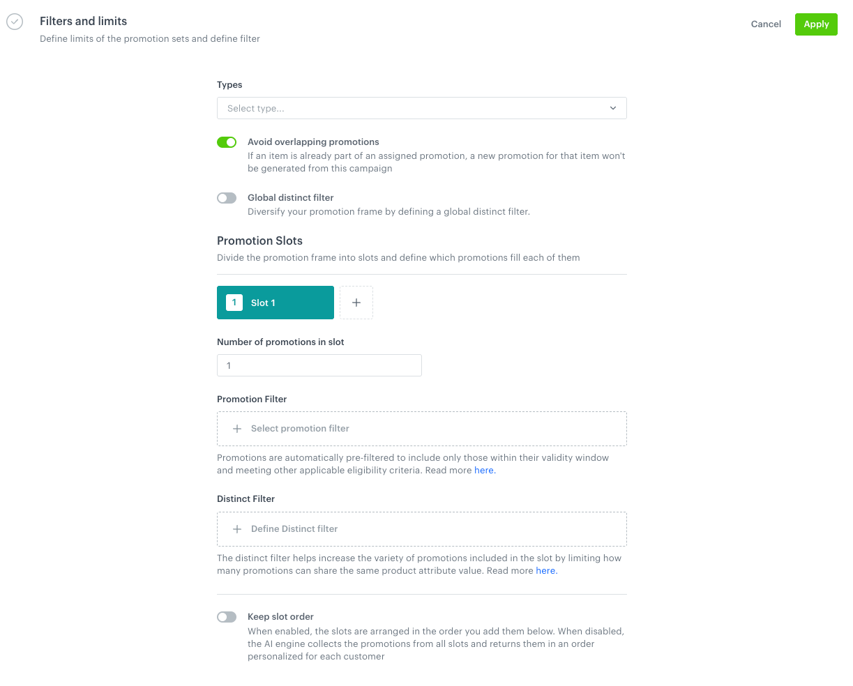 Filters and limits in the personalized promotions